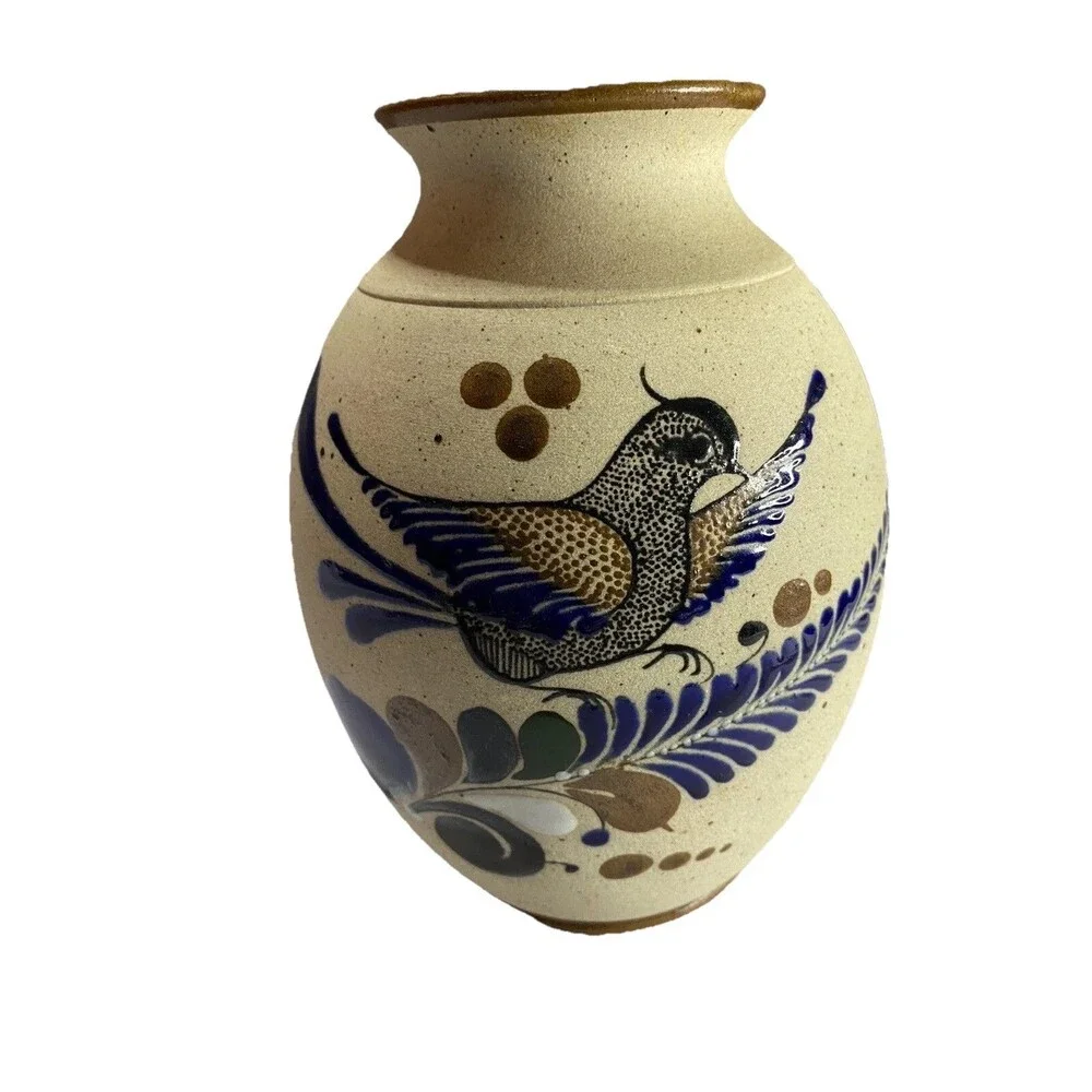 Mexican Pottery Vase Tonala Sand Textured Hand Painted Bird Floral Folk Art 8”
